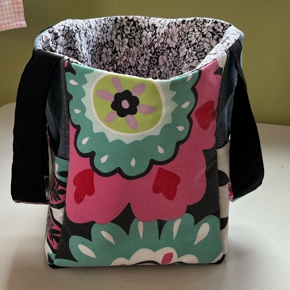 Upcycled, One Of A Kind Vibrant Floral Fabric & Denim Patchwork Bag - Picture 6 of 16